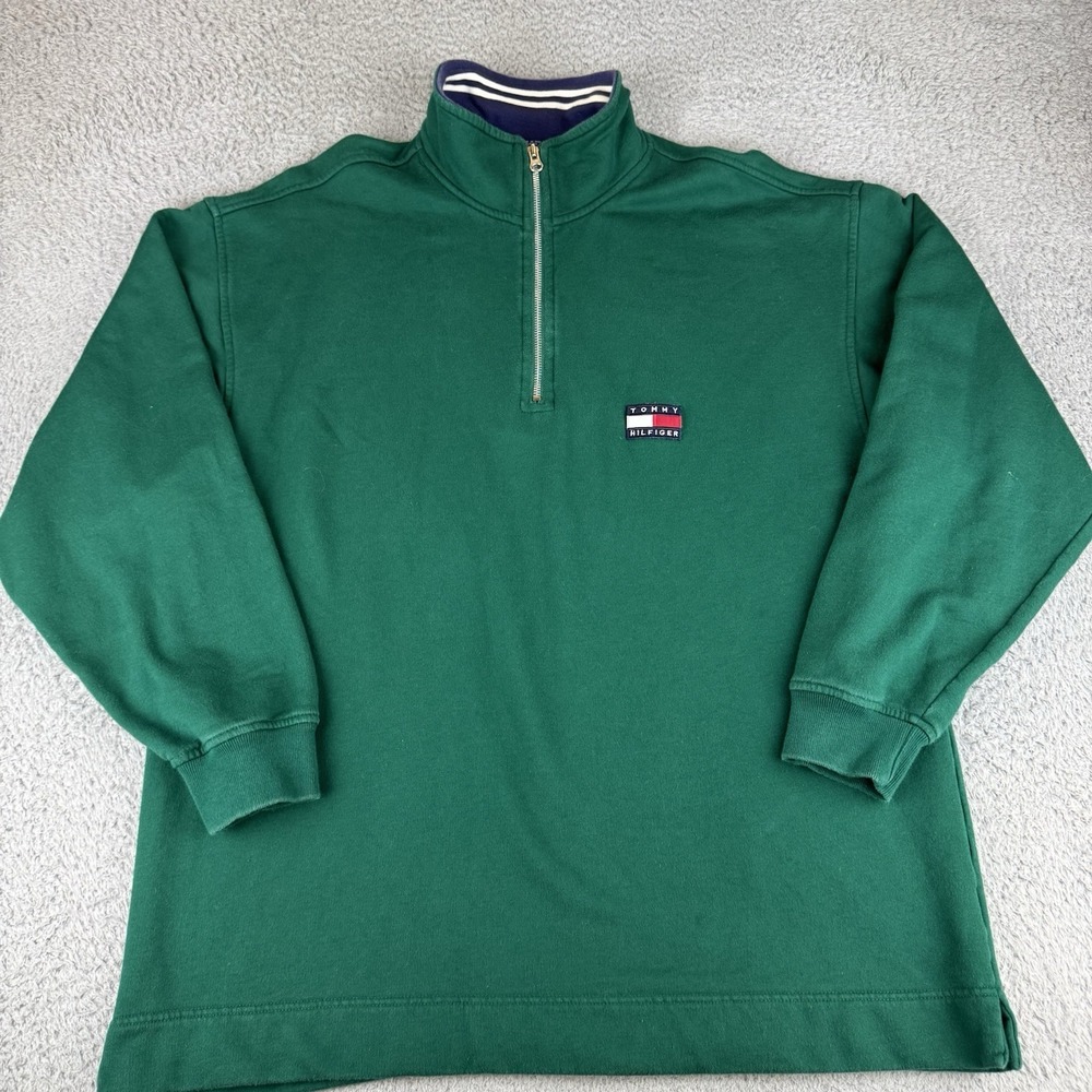 Vintage 90's Tommy Hilfiger Quarter Zip‎ Jacket Large Green Big Patch Logo Y2k